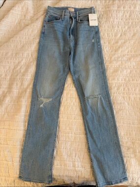MOTHER Women’s Light Blue Straight Jeans with Knee Distressed - NWT